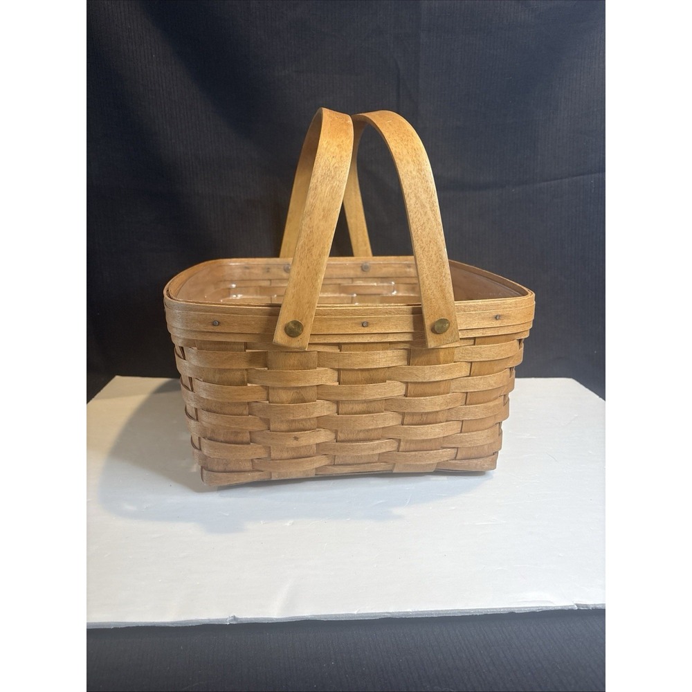 Vintage Longaberger Market Basket Handwoven Square Basket Handles 1992, Signed